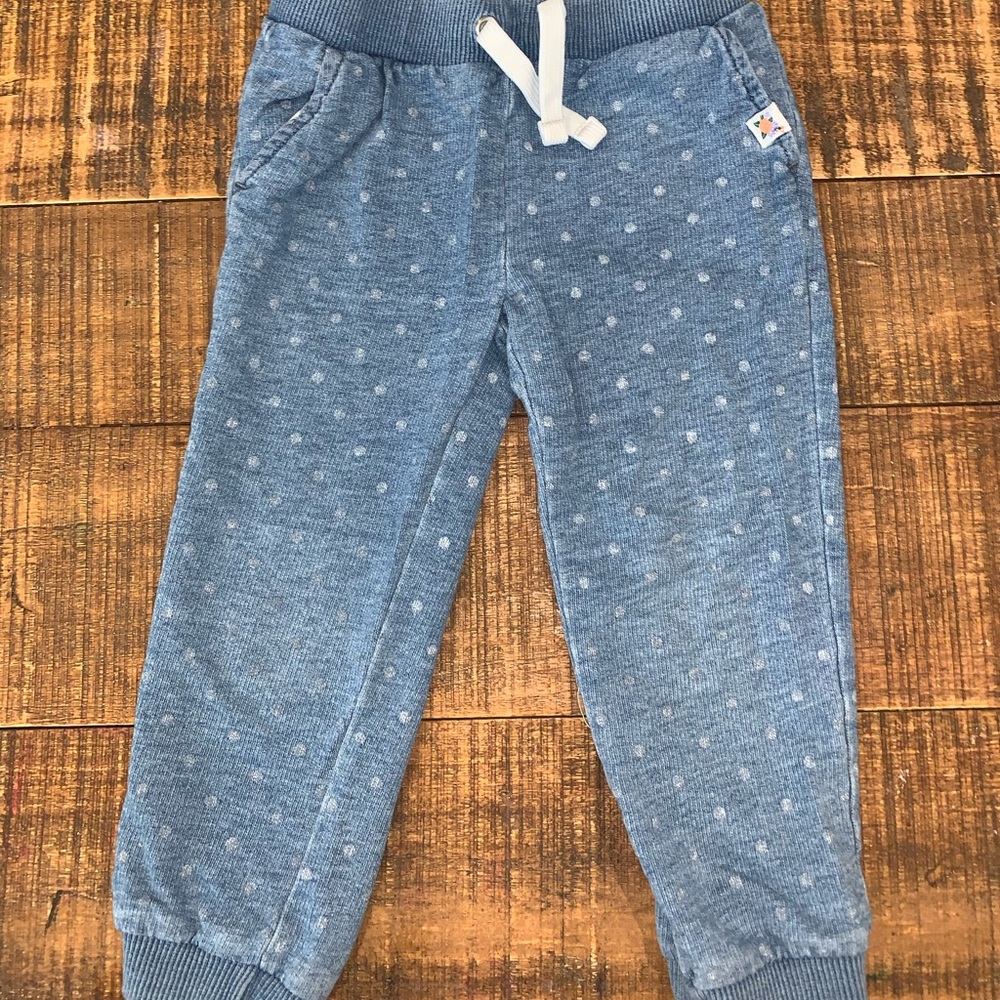 Denim-look sweatpants with polka dot pattern.